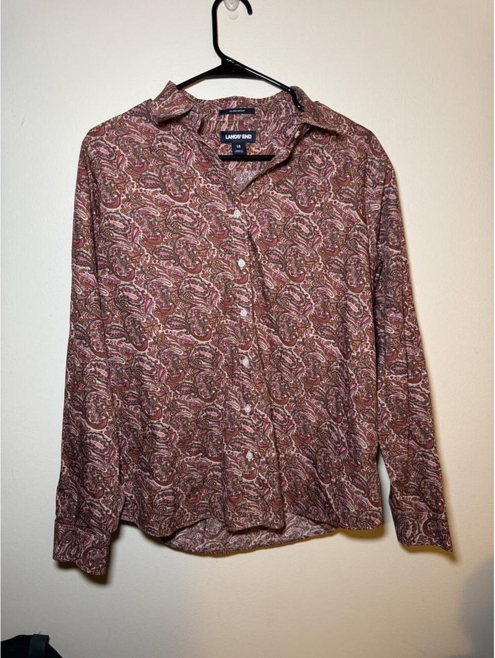 Lands’ End Pink Paisley Button Up Long Sleeve Size 14 PTP 21 GC